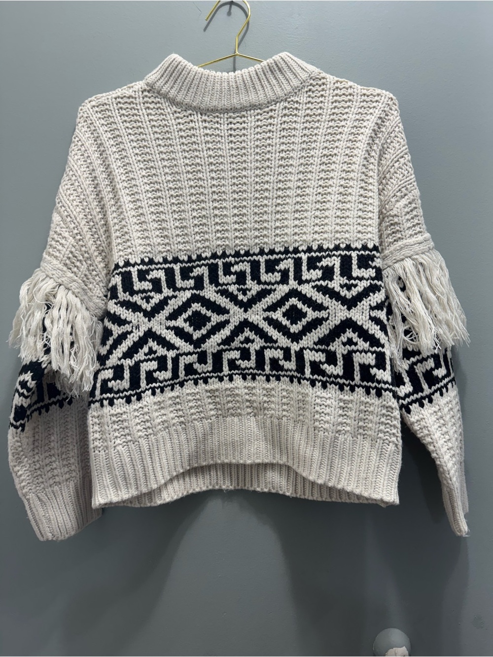 Aqua Cream and Black Fringe Turtleneck Sweater